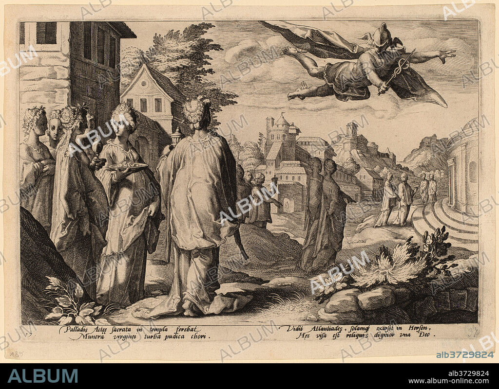 DUTCH 16TH CENTURY AFTER HENDRIK GOLTZIUS. Mercury Enamored of Herse. Dated: 1590. Dimensions: sheet: 17.8 x 25.2 cm (7 x 9 15/16 in.)  sheet: 19.5 x 26.9 cm (7 11/16 x 10 9/16 in.). Medium: engraving on laid paper.