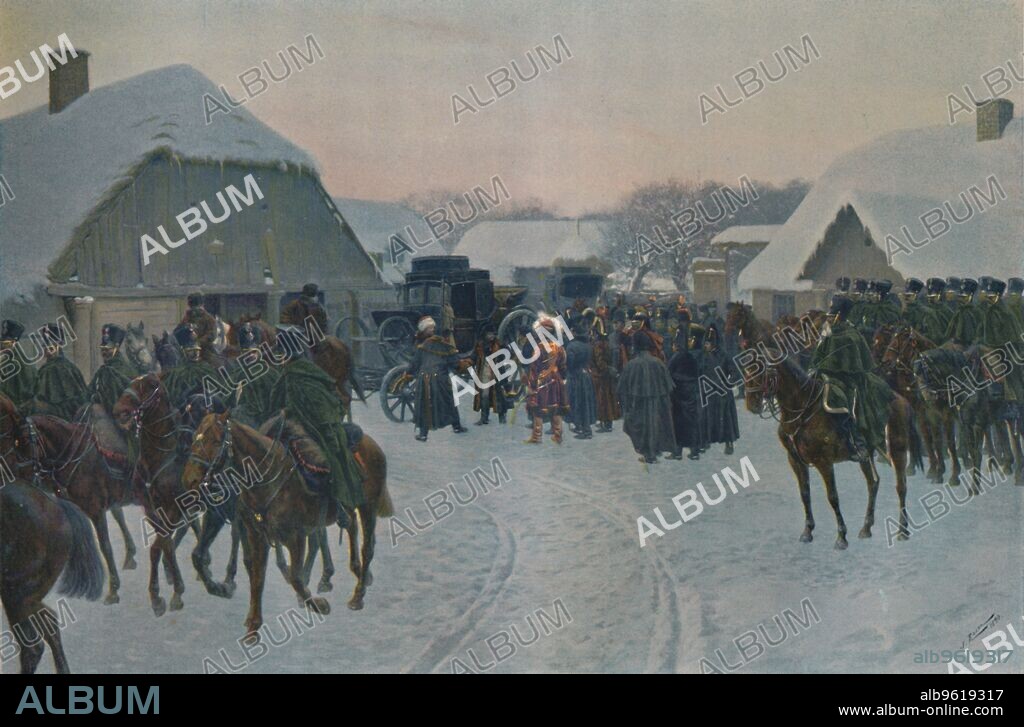 'Napoleon Leaving The French Army At Smorgoni', 1812, (1896). French troops under Napoleon Bonaparte (1769-1821) during the invasion of Russia - winter scene. Typogravure after the painting by J Rosen. From Life of Napoleon Bonaparte, Volume IV, by William Milligan Sloane. [The Century Co., New York, 1896].