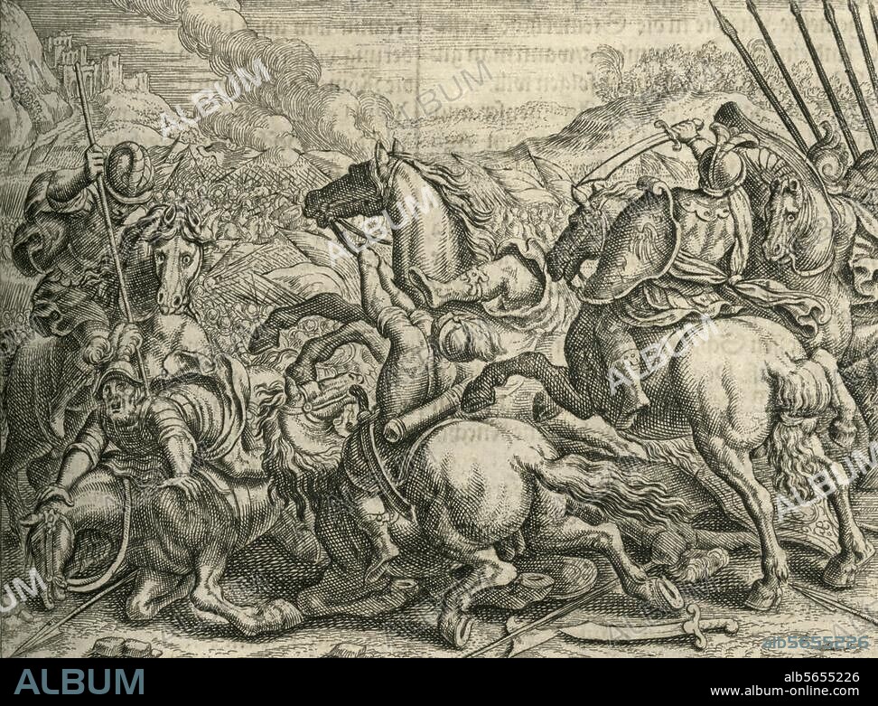 MATTHÄUS MERIAN DER ÄLTERE. Peloponnesischer Krieg / Sizilische Expedition 415-413 v. Chr. Vernichtung des athenisches Heeres unter Nikias und Demosthenes durch Gylippos bei Syrakus, 27. August 413. / - Schlacht bei Syrakus. Kupferstich von Matthäus Merian d. Ä. (1593-1650). Aus: Johann Ludwig Gottfried, Historische Chronica, Frankfurt a. M. (M.Merian) 1630, S. 133. Berlin, Sammlung Archiv für Kunst und Geschichte.