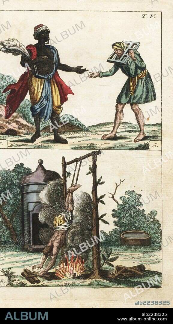 Punishments: African man wearing a jaw-and-tongue iron, a man wearing a heavy 24lb collar, and an Indian Brahmin suspended over a fire. Handcolored copperplate engraving from G. T. Wilhelm's "Encyclopedia of Natural History: Mankind," Augsburg, 1804. Gottlieb Tobias Wilhelm (1758-1811) was a Bavarian clergyman and naturalist known as the German Buffon.