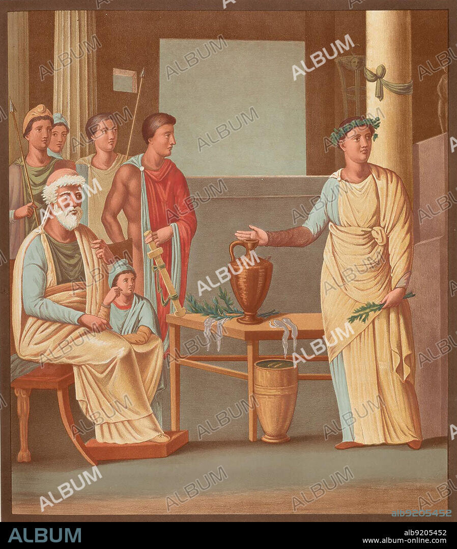 Kassandra und Priam, in der griechischen Mythologie der sechste und letzte König von Troja, Wandmalerei, Fresko aus dem historischen Pompeji, digital restauriert / Cassandra and Priam, in Greek mythology the sixth and last king of Troy, mural, fresco from historic Pompeii, digitally restored.