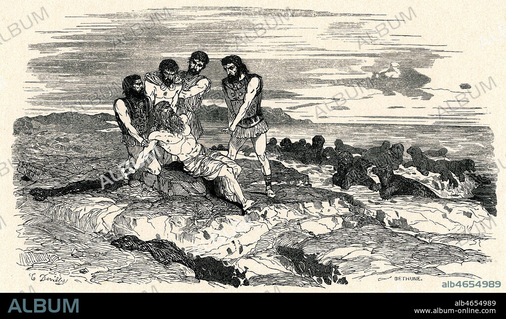 Protee est attrape par la ruse de Menelas et de ses compagnons caches sous des peaux de phoque (Livre IV). Illustration de 1842 par Theodore DEVILLY (1818-1886) pour L'Odyssee de HOMERE traduit par Eugene BARESTE (1814-1861). Credit : Collection Jonas/Kharbine-Tapabor.