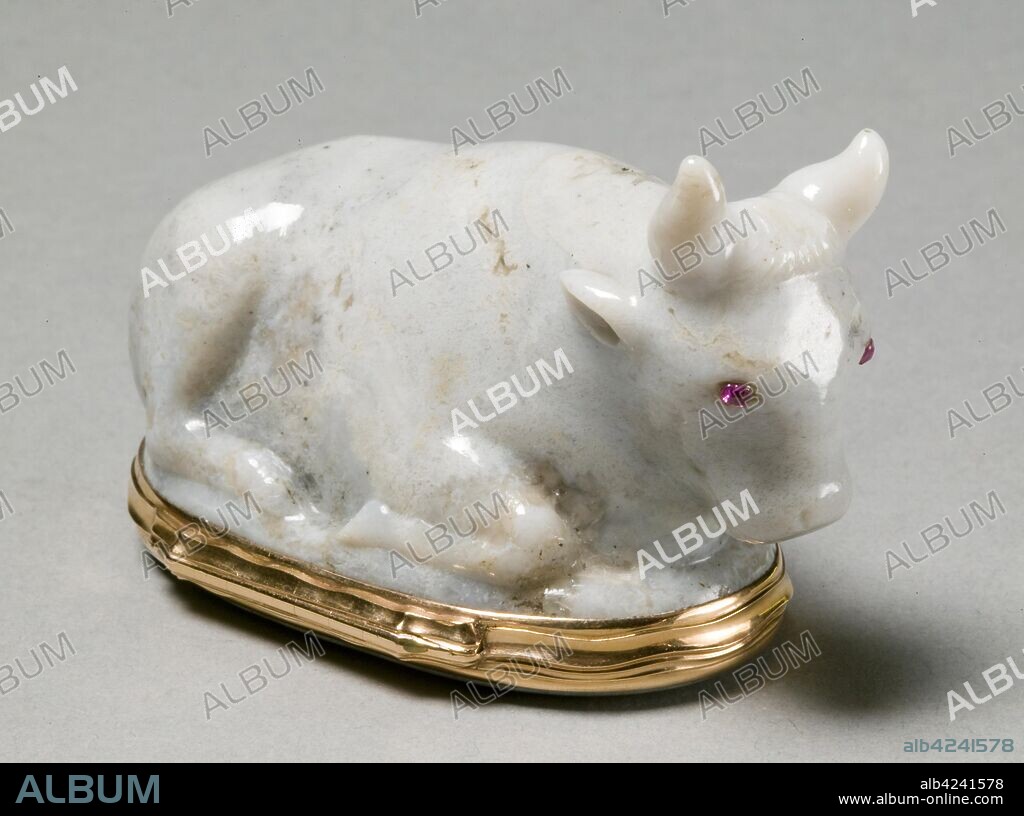 Snuff Box in the Form of a Reclining Bull (Bonbonnière), c. 1750-60. Germany, Berlin or Dresden, 18th century. Chalcedony, gold rubies; overall: 4.5 x 4.1 cm (1 3/4 x 1 5/8 in.).