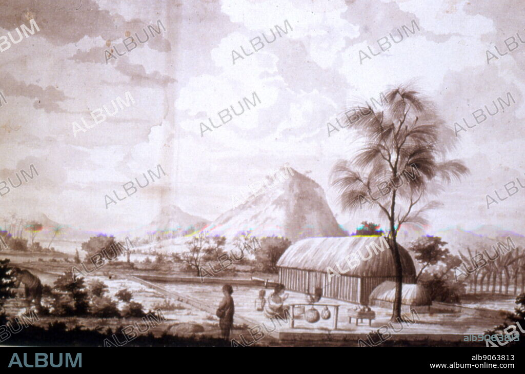 Chiefs house in Tahiti by Sydney Parkinson (c. 1745 - 1771), by Sydney Parkinson (c. 1745 - 1771), a Scottish botanical illustrator and natural history artist. He was the first European artist to visit Australia, New Zealand and Tahiti. Parkinson was employed by Joseph Banks to travel with him on James Cook's first voyage to the Pacific in 1768, in HMS Endeavour.