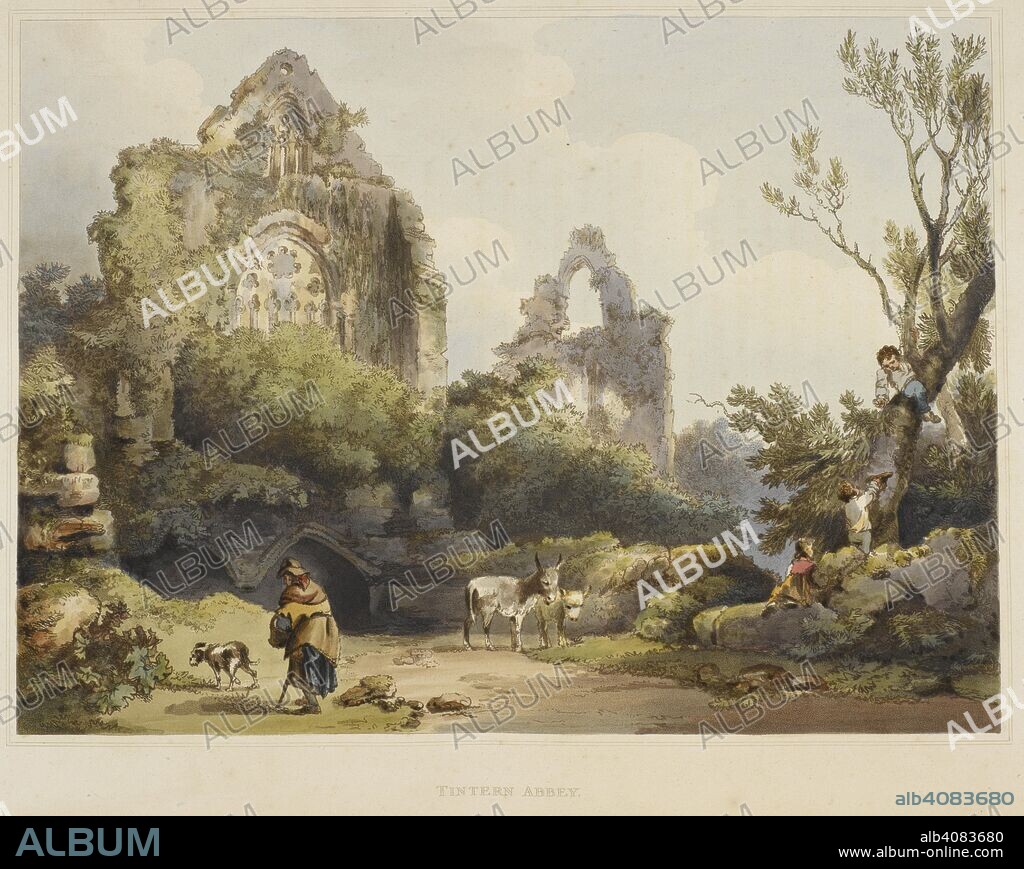 PHILIPPE JACQUES DE LOUTHERBOUGH. Tintern abbey. A person with their dog. Donkeys. Children playing and climbing a tree. The romantic and picturesque scenery of England and Wales, from drawings made expressly for this undertaking by P. J. de Loutherbourg ... With historical and descriptive accounts of the several places of which views are given, etc. London: Robert Bowyer, 1805. Source: 191.g.20, plate 12. Language: English.