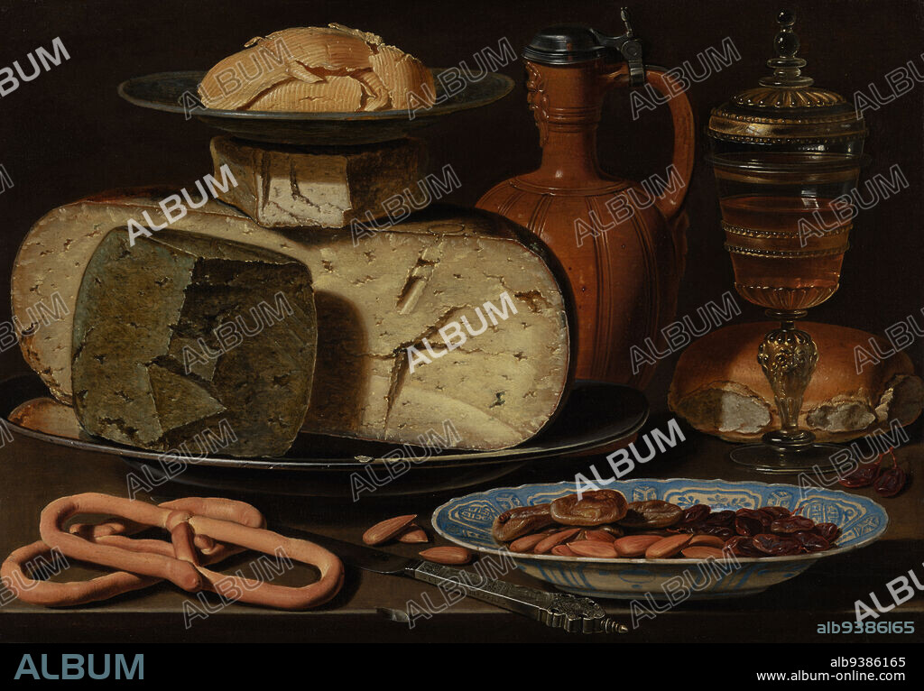 Still life with cheeses, almonds and pretzels, Clara Peeters, c. 1615.