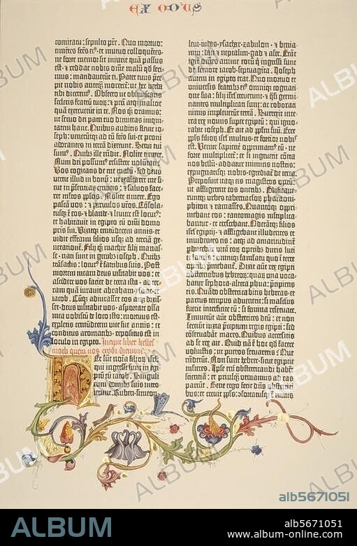 JOHANNES GUTENBERG. Gutenberg, Johannes, c.1397 - 1468, German blacksmith, goldsmith, printer, and publisher and. inventor of mechanical movable type printing. Initial "H", Exodus, chapter 1. Type printing and illumination. From: 42-lined Latin bible ("Gutenberg Bible") in Missal script, two columned; finished c.1455 in Mainz. Berlin, Staatsbibliothek Preußischer Kulturbesitz.