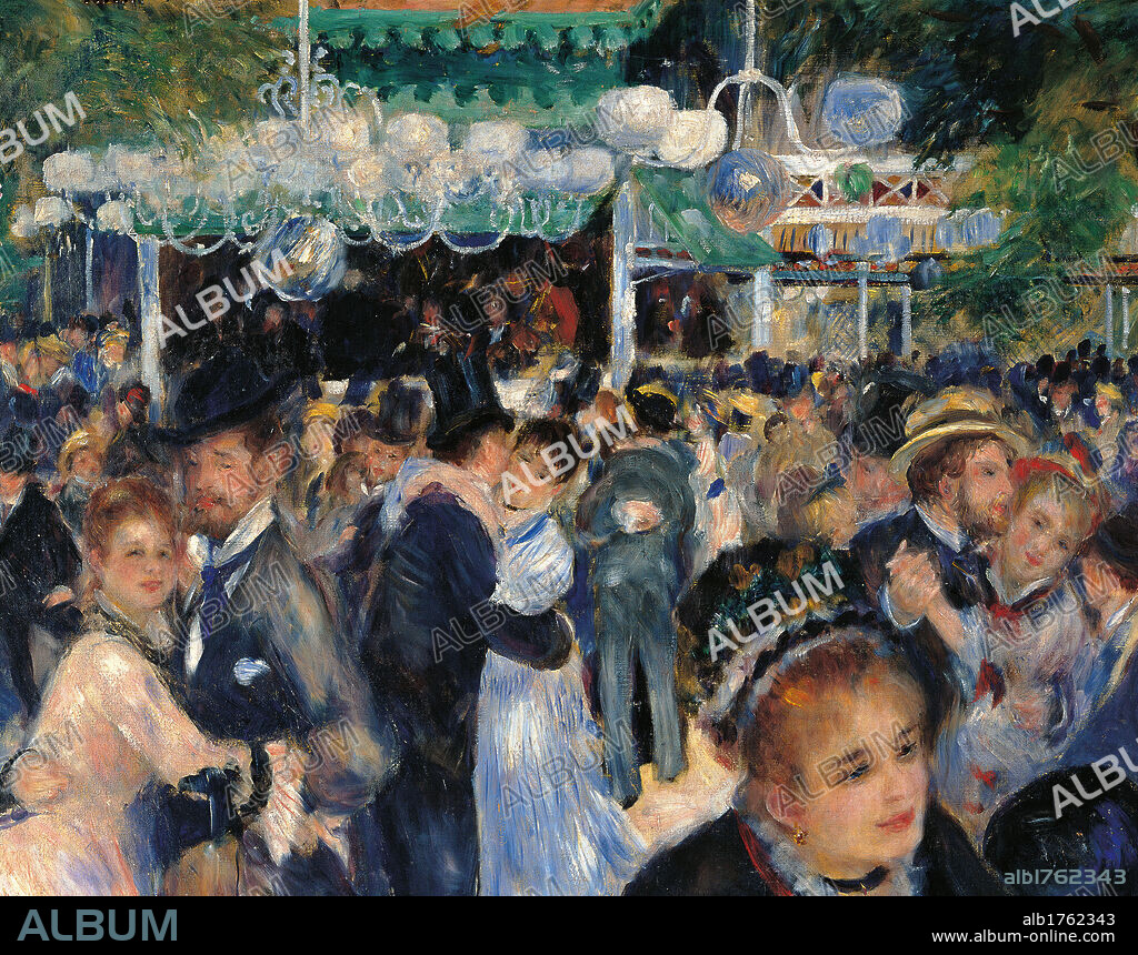 Dance at the Moulin de la Galette, by Pierre-Auguste Renoir, 1876, 19th Century, oil on canvas, cm 131 x 175. France, Ile de France, Paris, Muse dOrsay, RF 2210. Detail. Dance at Moulin de la Galette chair light blue azure yellow straw hat chandelier street lamp dance floor dancers.