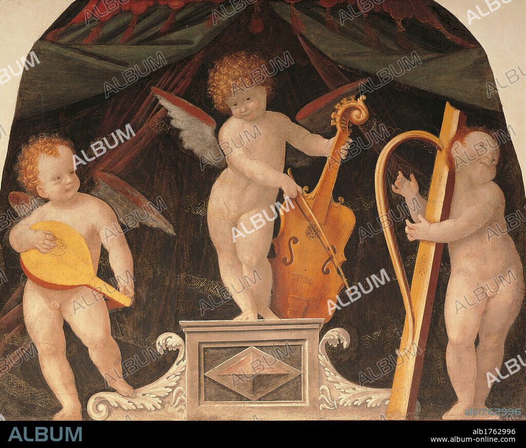 Three musician angels beneath a canopy, by Bernardino Lanino, 1540 about, 16th Century, detached fresco transferred to canvas, cm 155 x 192. Italy, Lombardy, Milan, National Museum of Science and Technology Leonardo da Vinci. All. Three playing angels putti harp lute cello violoncello viol viola da gamba bow baldachin curtain podium. Authorization required for non editorial use.