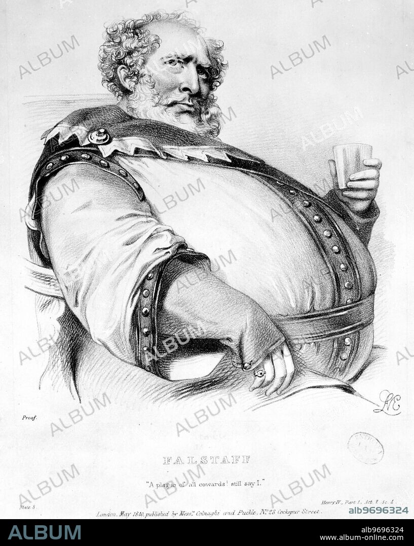 Kemble as Falstaff. (Probably) Henry Kemble (1848-1907), a sterling and popular London actor. Sir John Falstaff is a fictional character who appears in three plays by William Shakespeare primarily as a companion to Prince Hal, the future King Henry V. Round and glorious, tradition holds that Shakespeare wrote the part for his second comedian, a fat man, John Heminges, who played a bold, bawdy humour of a John Candy sort but with a menacing, potentially dangerous quality. An alternative theory is that Falstaff was written for Will Kemp, the clown of Shakespeare's company. The original actor was later succeeded by John Lowin, another portly comic actor. Flush with flatulent humour, Falstaff still managed to embody a kind of depth common to Shakespeare's tricky comedy. In Act II, Scene III of Henry V, his death is described by the character "Hostess", possibly the bar-lady Mistress Quickly, who describes his body in terms that echo the death of Socrates. ©2006 TopFoto.