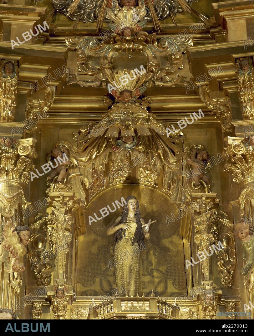 Mary Magdalene. Woodcarving by Spanish sculptor Luis Salvador Carmona (1708-1767), late Baroque period. Sculpture integrated in the altarpiece by Narciso Tome. Church of Saint Mary Magdalene. Torrelaguna, Community of Madrid, Spain.