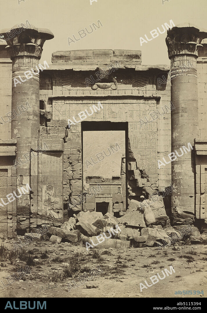 Artist: Antonio Beato, Italian, ca. 1825ca. 1903, Medinet Habu: Roman Columns, Albumen print, Sheet: 36.8 × 25.4 cm (14 1/2 × 10 in.); With mounting: 41.9 × 32.4 cm (16 1/2 × 12 3/4 in.), Italian, 19th century, Works on Paper - Photographs.