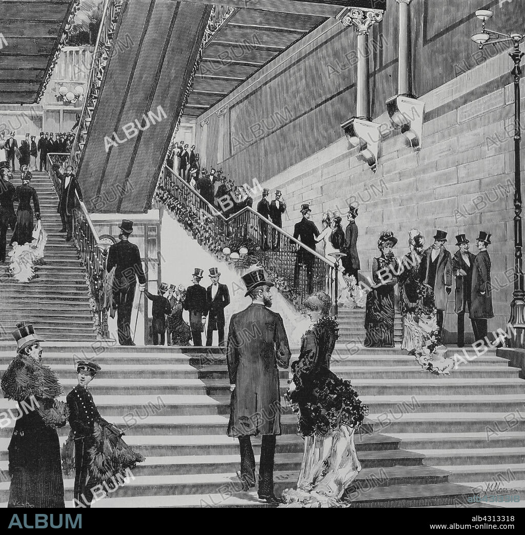 MANUEL ALCÁZAR RUIZ (1858-1914). SPANISH ARTIST. EUGENIO VELA (D. 1895). SPANISH ENGRAVER.. Historia de España. Ateneo de Madrid. Interior del edificio modernista ubicado en la calle del Prado, obra de los arquitectos Enrique Fort y Luis Landecho. Aspecto de la escalera principal, en la noche del 31 de enero de 1884, en que fue inaugurado el edificio por Antonio Cánovas del Castillo. Dibujo del natural por M. Alcázar. Grabado por Vela. La Ilustración Española y Americana, 8 de febrero de 1884.