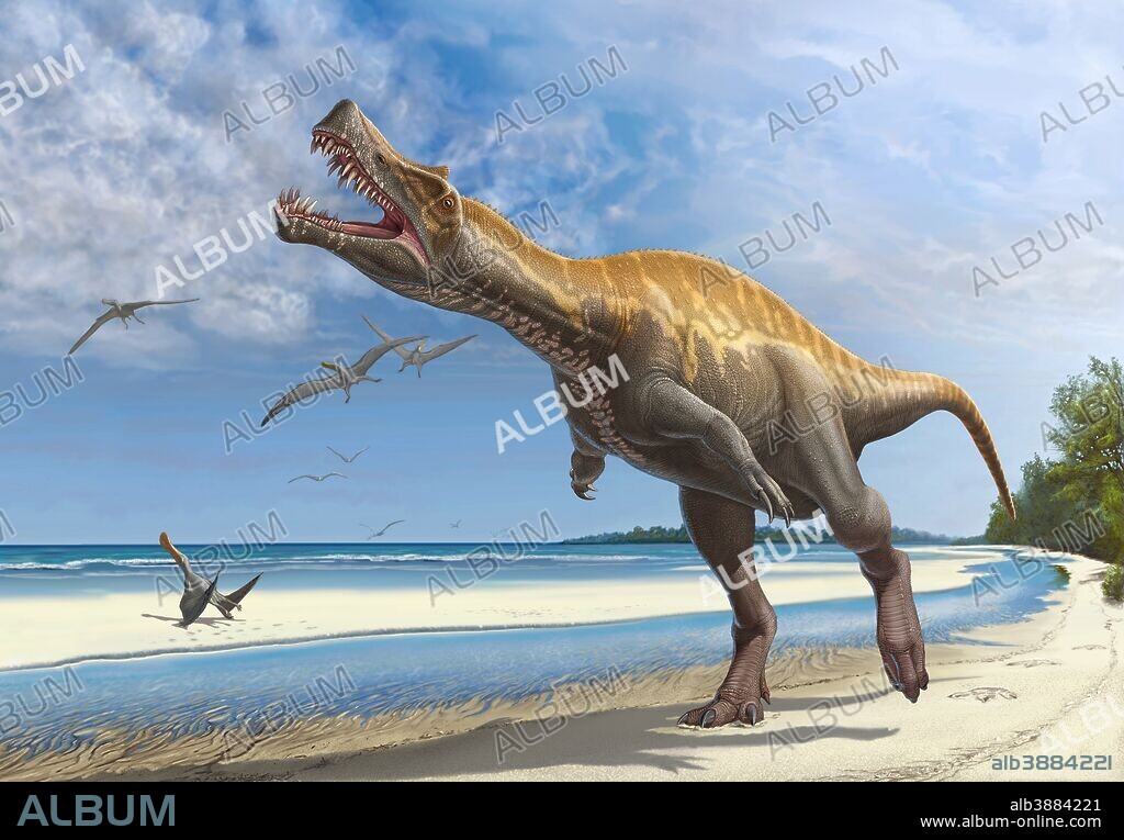 Irritator challengeri lets out a loud roar while walking along a Cretaceous shoreline.