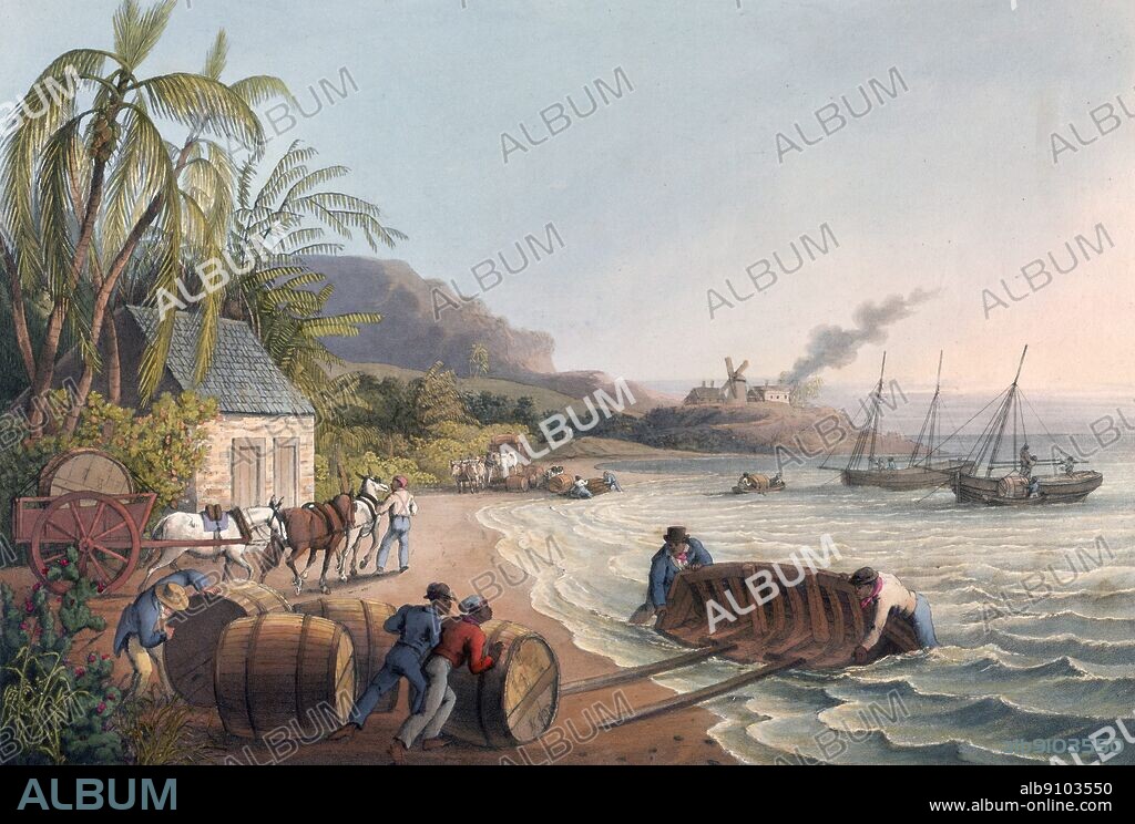 Slaves loading sugar hogsheads onto a boat, 1823. From "Ten Views in the Island of Antigua, in which are represented the process of sugar making, and the employment of black slaves... From drawings made by W Clark, etc. (With descriptive letterpress)" by William Clark. (London, 1823).