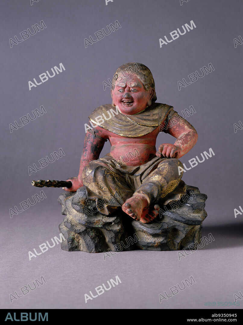 Seated Figure of the Boy Attendant Cetaka (mokuz saishiki kirikane gyokugan Seitaka dji zaz), Japanese, Kamakura period, 11851333, 13th century, Wood with paint, gold, and crystal insets, Made in Japan, Asia, Sculpture, wood, 10 1/4 x 9 x 7 in. (26 x 22.9 x 17.8 cm).