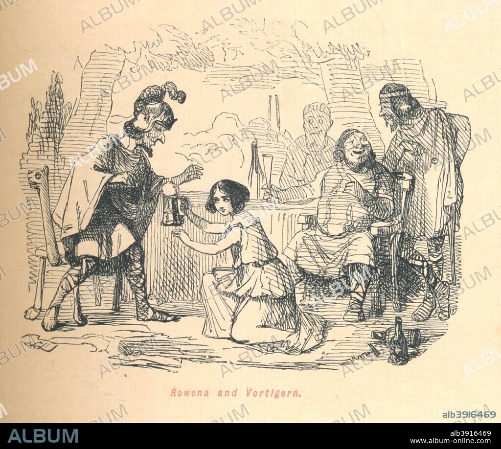 'Rowena and Vortigern', c1860, (c1860). Rowena is depicted in British legends as the daughter of the Anglo-Saxon chief Hengist and a wife of Vortigern, King of the Britons. Presented as a beautiful femme fatale, who won her people the Kingdom of Kent through her treacherous seduction of Vortigern. Vortigern, a 5th century warlord in Britain. He may have been the superbus tyrannus said to have invited Hengist and Horsa to aid him in fighting the Picts and the Scots. But they revolted, killing his son in the process and adding Sussex and Essex to their own kingdom. From The Comic History of England, Volume I, by Gilbert A A'Beckett. [Bradbury, Agnew, & Co., London].