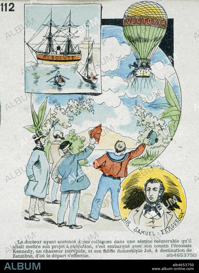 CINQ SEMAINES EN BALLON. Depart en ballon pour la traversee de l'Afrique pour sir Fergusson, Kennedy et pour son domestique Joe. Vignette de la planche d'Epinal de 'Cinq semaines en ballon' de Jules VERNE (1828-1905) avec l'autorisation d'Hetzel, vers 1875. Credit : Coll. part./Kharbine-Tapabor.