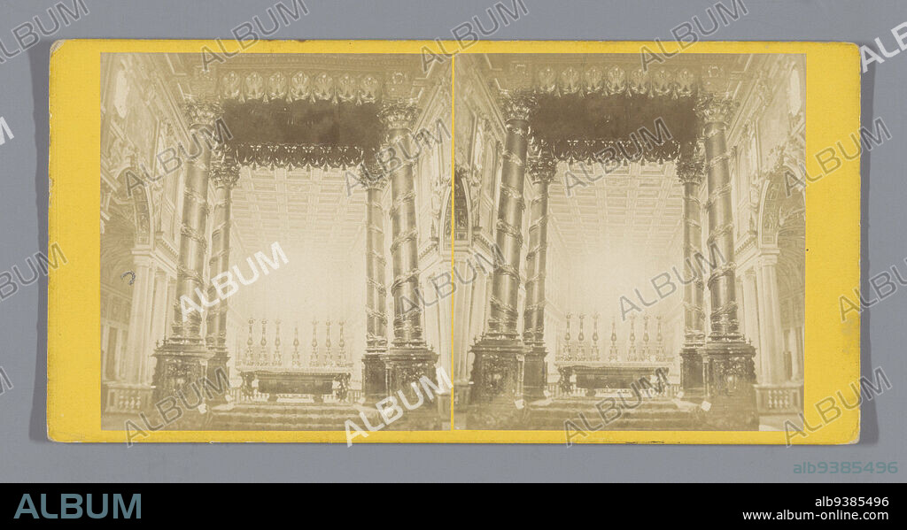 Interior of the Basilica of Santa Maria Maggiore, Intérieur de la Basilique Sainte-Marie-Majeure (Rome) (title on object), anonymous, Santa Maria Maggiore, c. 1850 - c. 1880, photographic support, cardboard, albumen print, height 89 mm × width 178 mm.