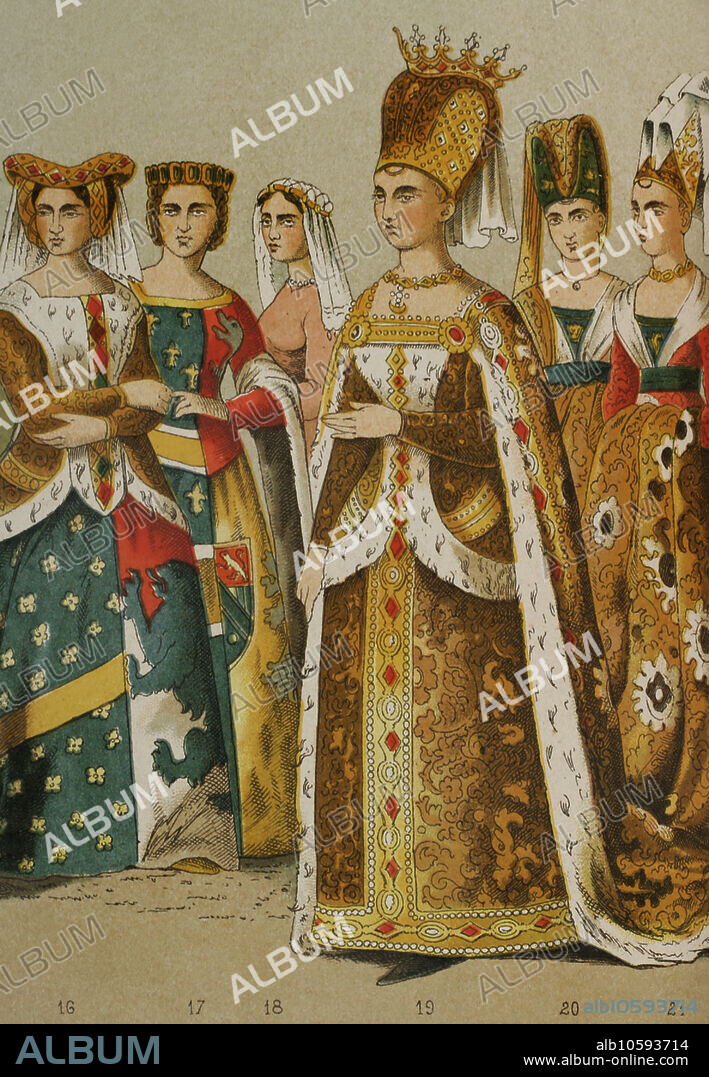 Historia de Francia. 1300. De izquierda a derecha, 16: dama, 17: princesa, 18: dama, 19-20-21: Isabel de Baviera (esposa del rey Carlos VI) y damas de su séquito. Cromolitografía. Detalle. "Historia Universal", por César Cantú. Tomo VI, 1885.