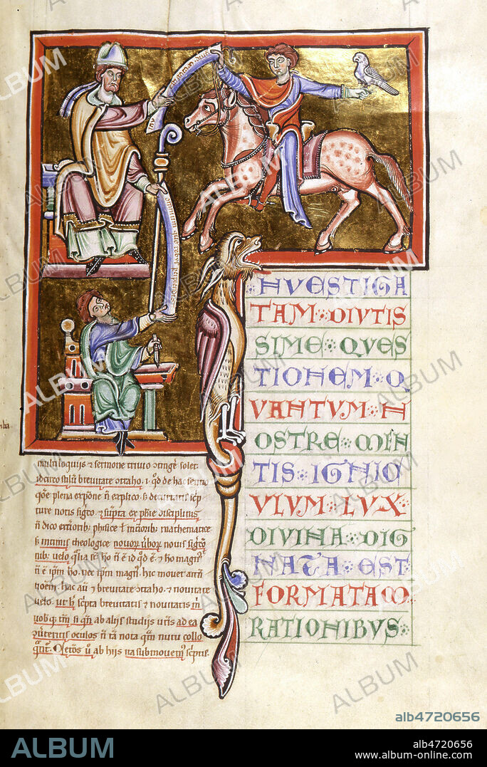 Gilbert de la POREE (vers 1100-1154) recoit du praticien BOECE (a cheval) le texte qu'il commente et qu'il tend a un scribe. Enluminure tiree des 'Commentaires a Boece' par Gilbert de la POREE, mi 12e s. (XIIe, 12eme s.). Manuscrit medieval conserve a la bibliotheque municipale de Valenciennes. Credit Collection JEAN VIGNE/KHARBINE TAPABOR.