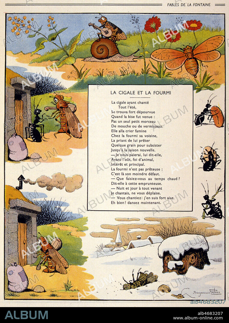 La cigale et la fourmi' Dessin par Benjamin RABIER pour l'ouvrage 'Fables choisies' de Jean DE LA FONTAINE (1621-1695) a Paris en 1941 (XXeme s., 20eme s., 20e s.). Credit : JEAN VIGNE / KHARBINE TAPABOR.