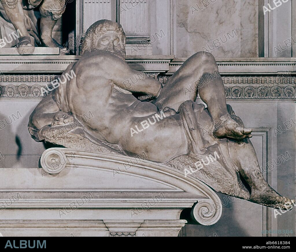 MIGUEL ANGEL. DETALLE DE LA FIGURA ALEGORICA DEL DIA DEL SEPULCRO DE GIULIANO MEDICIS - SIGLO XVI - RENACIMIENTO ITALIANO.
