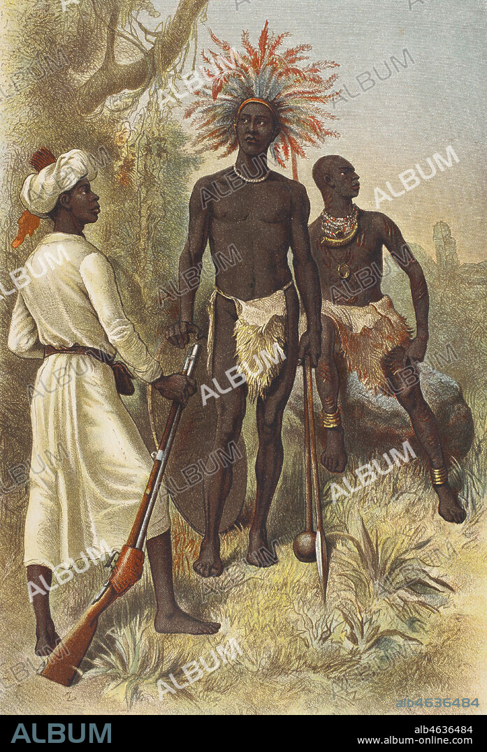 Historia de Africa. Siglo XIX. Ruga-Ruga (mercenario) o"patriota"de Mirambo, indígena Uatuta e indígena Deluhha. Ruga-Ruga eran tropas irregulares en Africa Oriental, bajo mando de las fuerzas coloniales occidentales, empleadas normalmente como mercenarios o fuerzas auxiliares de las tropas locales, denominadas Askari. La Ruga-Ruga estaba integrada en su mayoría por guerreros tribales. Cromolitografía. El Congo y la Creación del Estado Independiente de este nombre. Historia de los Trabajos y Exploraciones Verificados, por Enrique M. Stanley. Editada en Barcelona, hacia 1890. España.