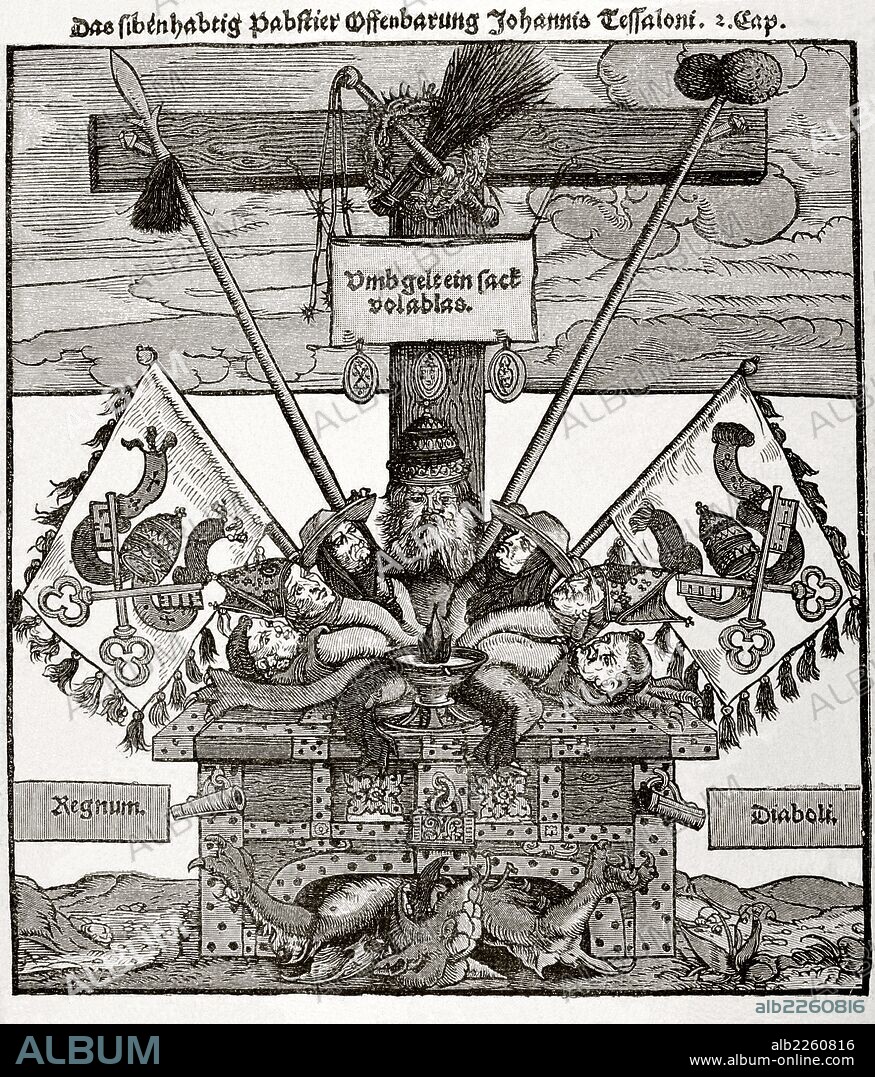 REFORMA PROTESTANTE (Siglo XVI). ALEMANIA. Facsímil de un grabado de época, de un impreso satírico publicado contra la venta de indulgencias. Publicado en "Historia Universal", 1885.