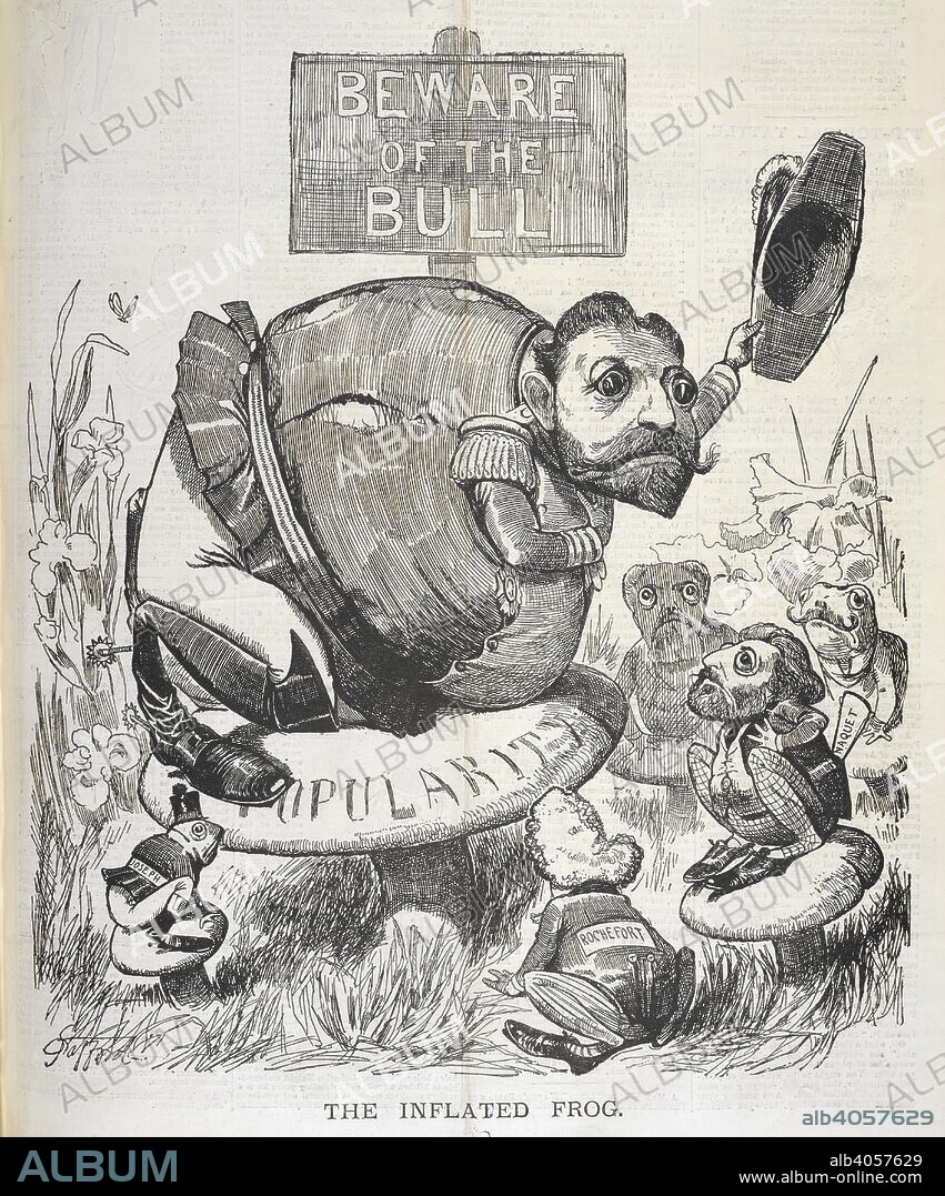 'The inflated frog'. Satirical picture of a man, possibly a soldier, depictated as a frog, . Funny folks. : A weekly budget of funny pictures, notes, jokes and stories. London, 1889. Source: Funny folks. 4 May 1889 page 137.