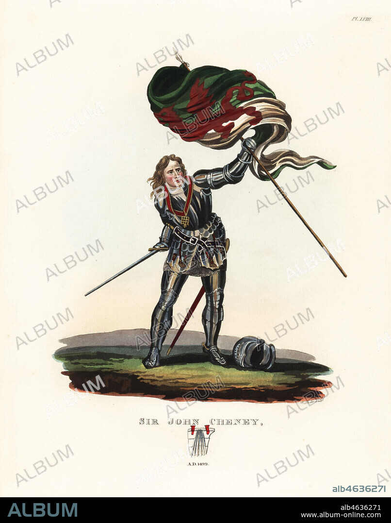Sir John Cheney or Cheyne, the Vigorous Knight, Master of the Horse to King Edward IV, bodyguard to Henry VII, 1442-1499. In suit of plate armour with tuiles, chainmail apron, helmet, and holding the banner of Henry VII, a red dragon on green and white field. Handcoloured lithograph by Maddocks after an illustration by S.R. Meyrick from Sir Samuel Rush Meyrick's A Critical Inquiry into Antient Armour, John Dowding, London, 1842.