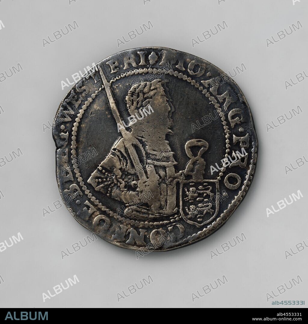 West Frisian Dutch Empire, 1619 West Friesland, Dutch Empire, 1619, Obverse: acclaimed and armored bust to the right with sword in the right and coat of arms of West Friesland with ribbon in left hand. Reverse: generality coat of arms crowned between years., Landschap West-Friesland, West-Friesland, silver (metal), striking (metalworking), d 4.2, × w 28.55.