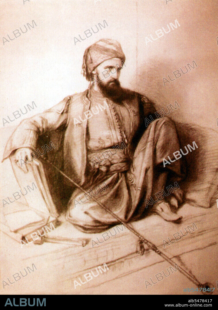 Edward William Lane (1801-76) was a British Orientalist, translator and Arabic scholar who lived in Ottoman Cairo from 1825-28. So fascinated was he with Egypt, he dressed as an Ottoman Turk and spent much time sketching the backstreets of Cairo. Upon his return to England he translated the novel 'Arabian Nights' ['1001 nights'] and 'Selections from the Qur'an'.