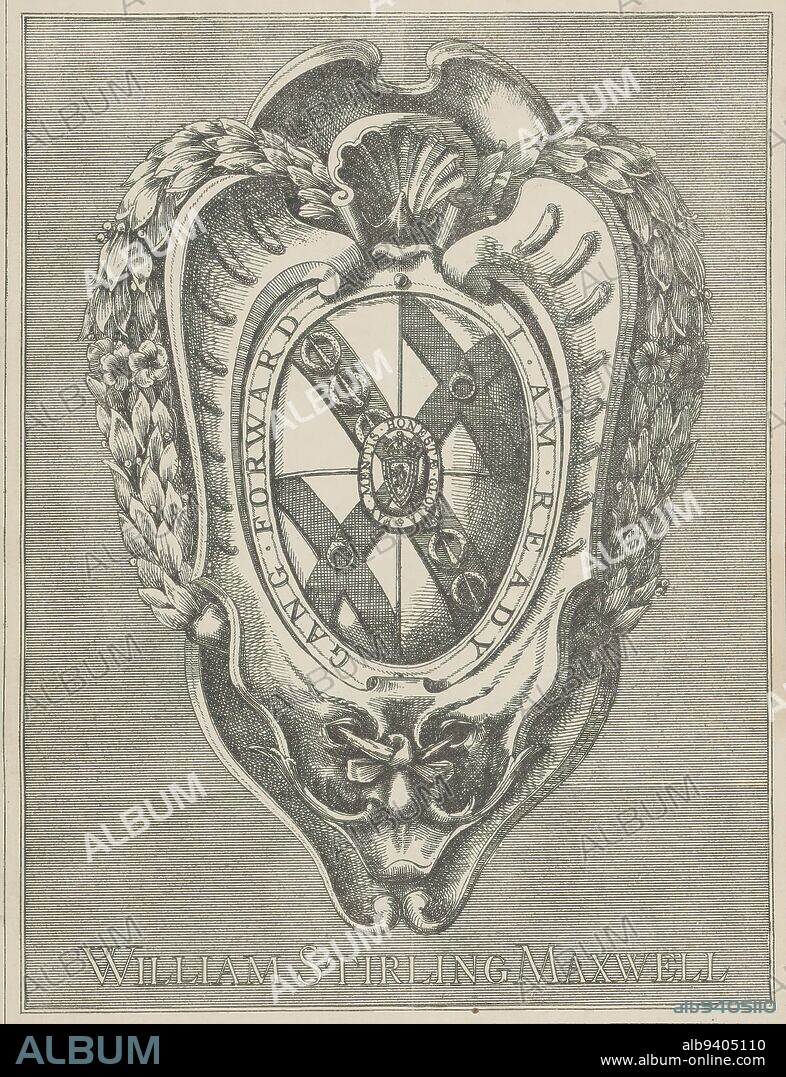 Ex libris of Sir William Stirling Maxwell, Ex libris of book collector Sir William Stirling Maxwell. His coat of arms and mottoes encased in an ornamental frame. Ex libris pasted to cover page. This print is part of an album., after design by: William Stirling Maxwell, 1838 - 1878, paper, etching, height 225 mm × width 173 mm.