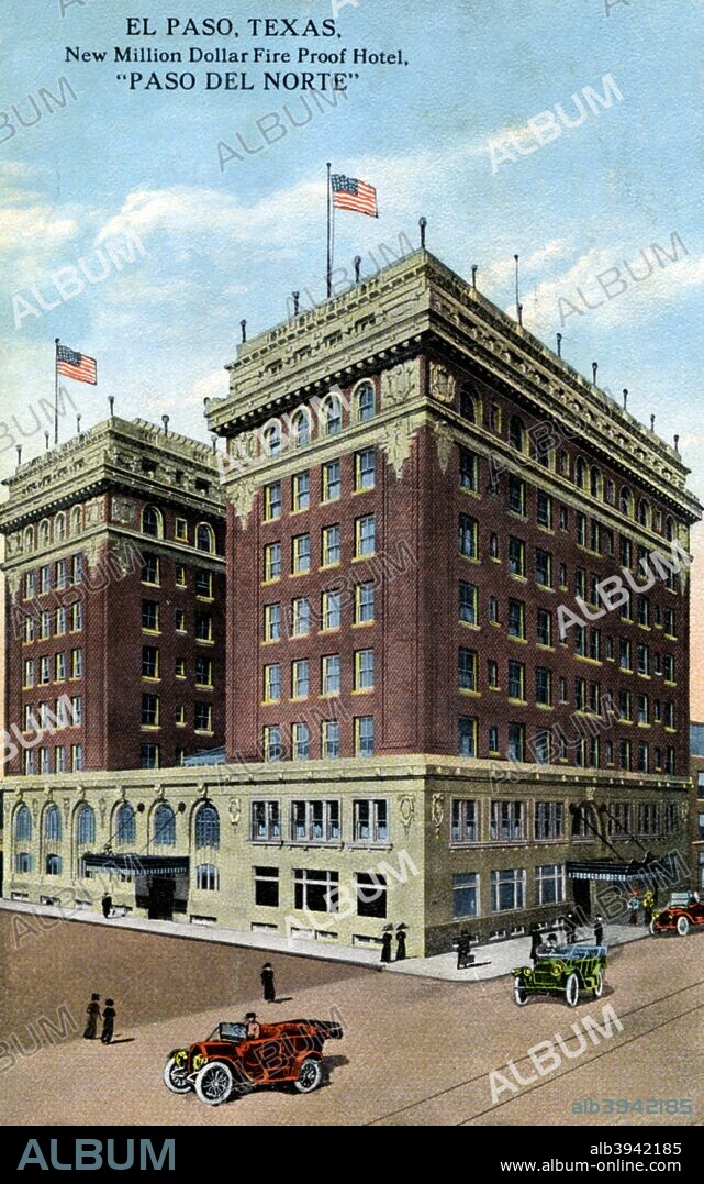 Paso del Norte Hotel, El Paso, Texas, USA, c1916. The hotel opened in 1912. During the Mexican Revolution people used to watch gunfights between the revolutionaries and the Mexican army just across the border from the hotel's roof terrace. The hotel still exists today, renamed as the Camino Real Hotel.