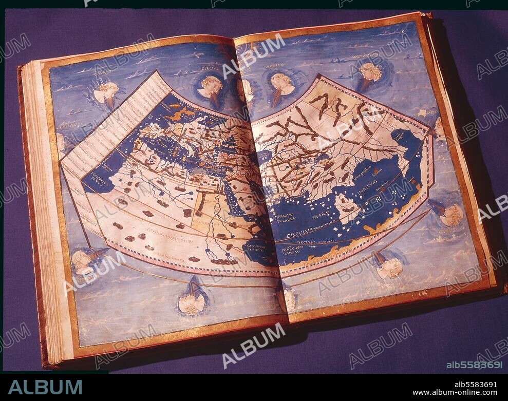 Géographie : carte / Carte du monde. Carte du monde selon Ptolémée. (Ptolémée, astronome, mathématicien et géographe grec, v. 90 - v. 168). Tiré d'un manuscrit latin (Cosmographie de Ptolémée, 1re moitié du XVe siècle). Ms V.F. 32, folio 71 verso et 72 recto. Naples, Biblioteca Nazionale.