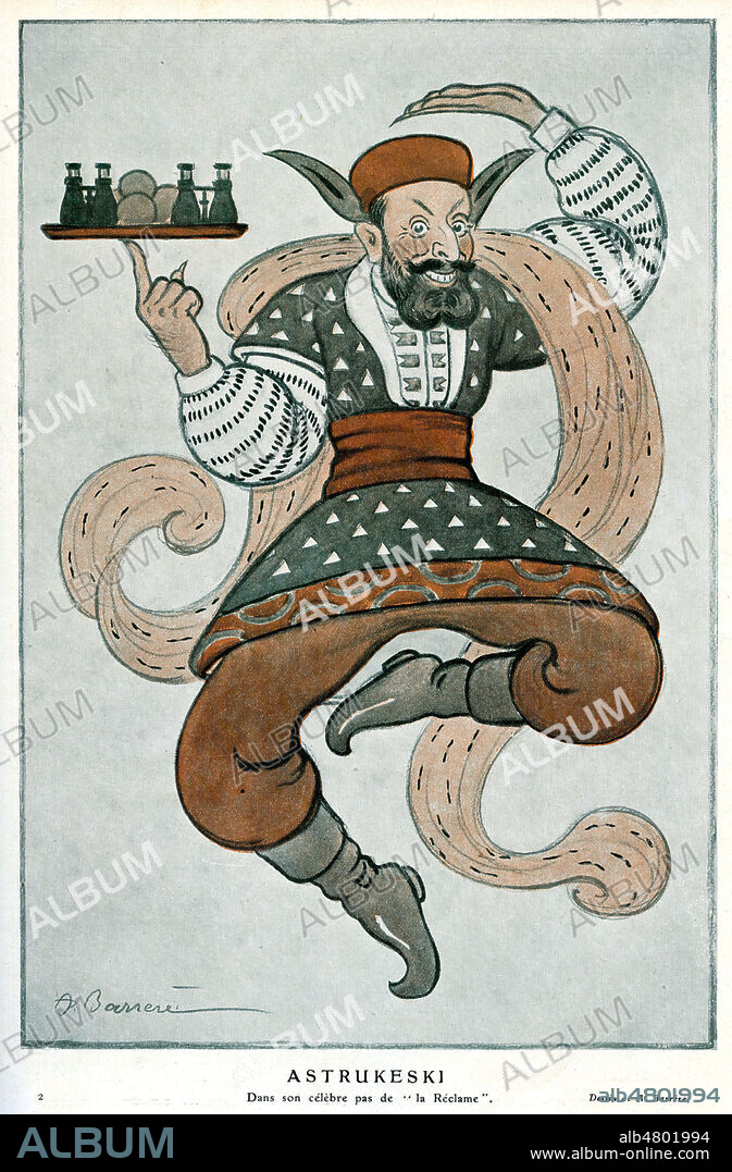 ASTRUKESKI (Gabriel ASTRUC (1864-1938) dans son celebre pas de 'La Reclame'. Caricature de Adrien BARRERE (1877-1931) pour Fantasio du 15 avril 1913. Credit : Collection Kharbine-Tapabor.