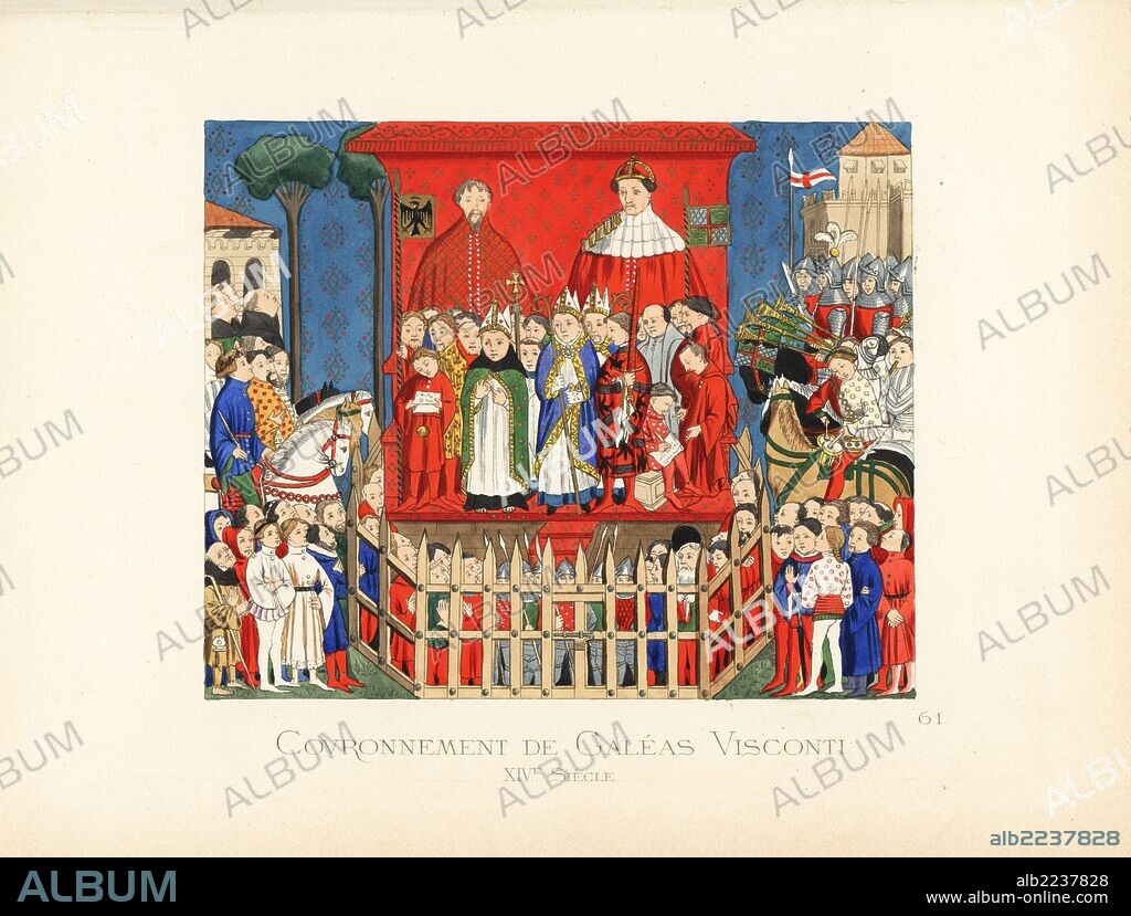 Coronation of Gian Galeazzo Visconti, Duke of Milan, 1351-1402. The new duke in scarlet and ermine sits surrounded by clergy, nobles and military. A Bohemian knight holds the imperial banner, and Othon de Mandello holds the banner of the Viscontis. From a missal in the archives of the Basilica of Sant'Ambrogio, Milan. Handcoloured illustration drawn and lithographed by Paul Mercuri with text by Camille Bonnard from "Historical Costumes from the 12th to 15th Centuries," Levy Fils, Paris, 1860.
