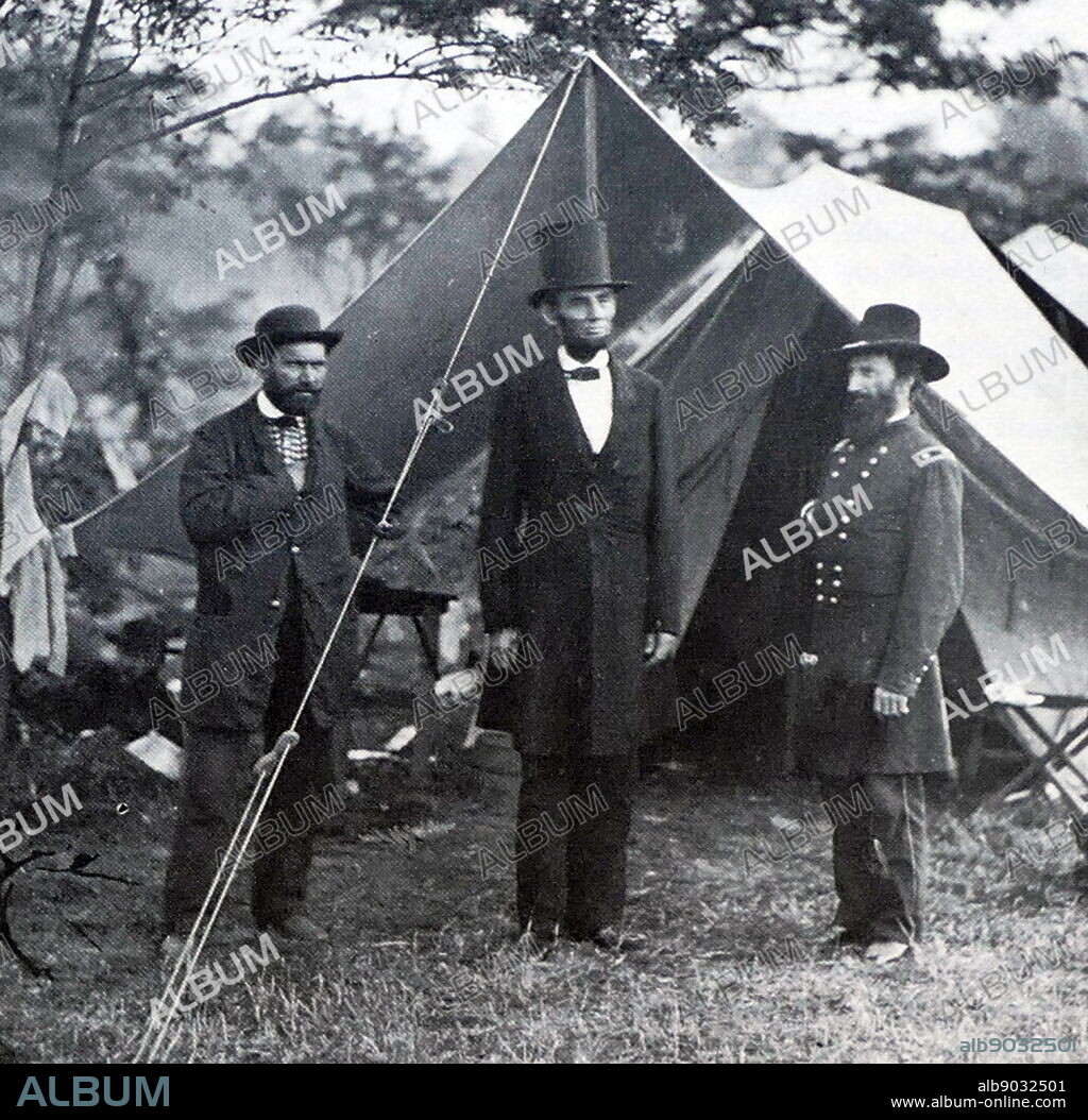 Left to Right: Photograph of Allan Pinkerton (1819-1884) President Abraham Lincoln (1809-1865) and John Alexander McClernand (1812-1900) during the Battle of Antietam. Dated 19th Century.