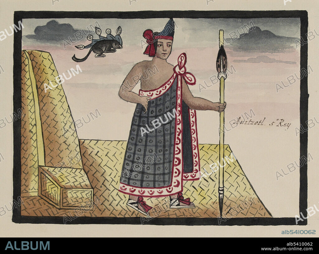 Auitzotl is represented by the auitzotl, a kind of spiny rat or otter that lived in the lake upon which Tenochtitlan was built. To ancient Mexicans, it was a fearful mythological creature, which existed to trap men for the rain god, Tlaloc. Ahuitzotl was the eighth Aztec ruler (1486-1502), the Hueyi Tlatoani of the city of Tenochtitlan. The greatest known military leader of Pre-Columbian Mesoamerica, Ahuizotl began his reign by suppressing a Huastec rebellion, and then swiftly more than doubled the size of lands under Aztec dominance. He conquered the Mixtec, Zapotec, and other peoples from Pacific Coast of Mexico down to the western part of Guatemala. Ahuizotl also supervised a major rebuilding of Tenochtitlan on a grander scale including the expansion of the Great Pyramid (Templo Mayor). The Tovar Codex (16th century)  contains detailed information about the rites and ceremonies of the Aztecs. Illustration taken from a 19th century transcript of Juan de Tovar's Historia de la benida de los yndios apoblar a Mexico (the Co´dice Tovar).