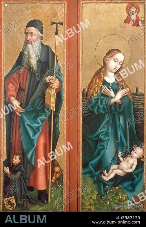 MARTIN SCHONGAUER. Schongauer, Martin um 1450 - 1491. "Der Heilige Antonius" / "Maria betet das Kind an", um 1472. Vom Marienaltar aus der Kirche des Antoniterklosters von Isenheim, gestiftet von Jean d'Orlier (Orlier-Altar), Seitenflügel, Innenseiten. Auf Holz, je 188 × 57 cm. Colmar, Unterlindenmuseum.