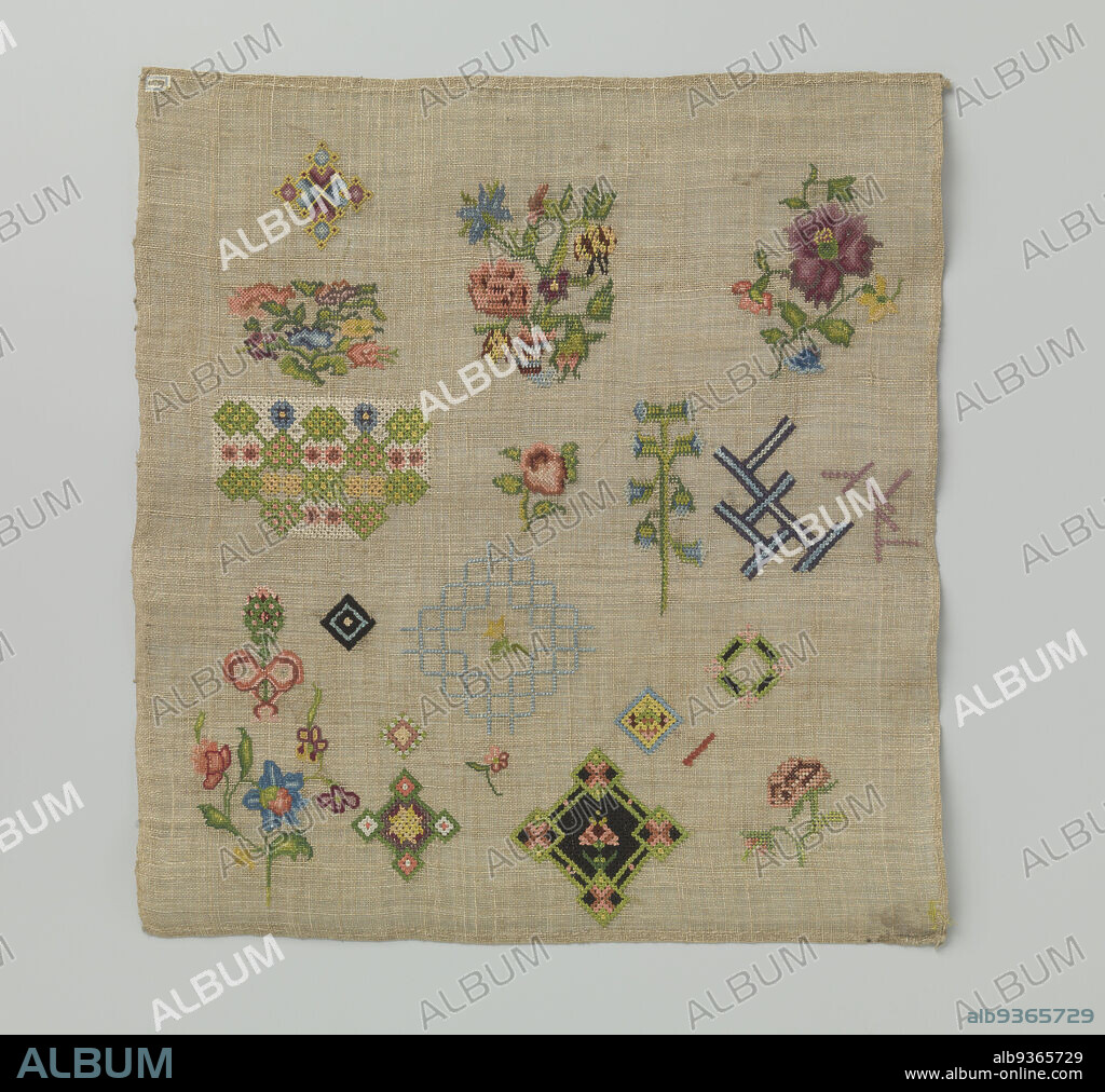 Embroidery flap of beige tinted linen. The embroidery has petit point with rococo stitch. The sampler is part of nine samplers of different sizes, Beige tinted linen sampler. The embroidery has petit point with rococo stitch. The sampler is part of nine samplers of different sizes, Zuid-Holland (possibly), c. 1760 - c. 1780, linen (material), embroidering, length 52.0 cm × width 47.0 cm.