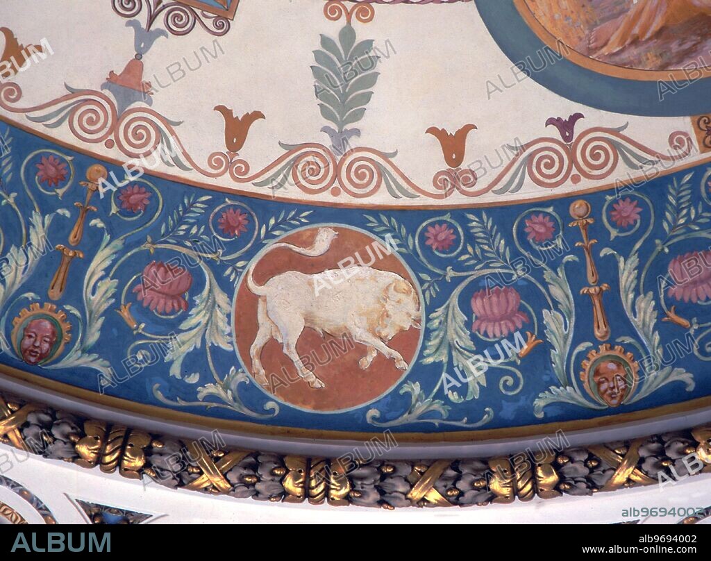 Zodiac signs - Taurus. Roundel of Taurus on the ceiling zodiac by Garnsey, painted c.1897 on the ceiling of the south eastern pavilion of the Library of Congress. Washington DC.