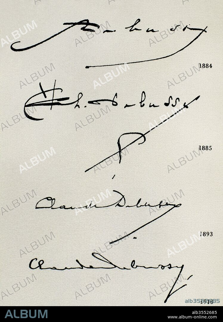 Claude Debussy (Achille-Claude Debussy) (Saint-Germain-en-Laye, 1862-París, 1918). Compositor francés. Firmas de Debussy en diferentes épocas de su vida (1884, 1885, 1893 y 1910) .