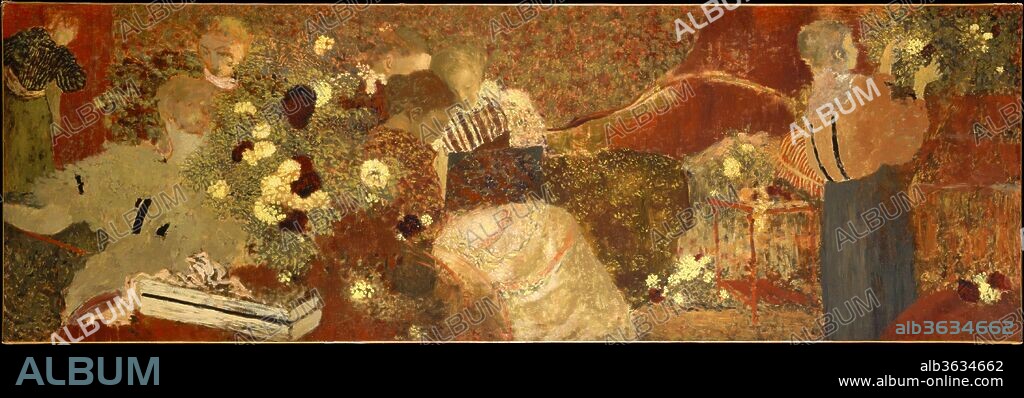 EDOUARD VUILLARD. The Album. Artist: Édouard Vuillard (French, Cuiseaux 1868-1940 La Baule). Dimensions: 26 3/4 x 80 1/2 in. (67.9 x 204.5 cm). Date: 1895.
In 1894-95, Thadée and Misia Natanson commissioned from Vuillard a series of five decorative panels known collectively as "The Album." The unusual character of these works matched that of the Natansons' Paris apartment, a large open space adjoined by several small alcove areas. Its unconventional decor reflected Misia's taste, which was inspired by the English Arts and Crafts movement. The apartment often served as an alternative office for Thadée's lively avant-garde journal, "La Revue blanche." Among the contributors to this influential publication were Claude Debussy, Léon Blum, Stéphane Mallarmé, and André Gide. The evocative Symbolist qualities of Mallarmé's poetry and Debussy's music find echoes in Vuillard's five panels, which take their name from this painting.