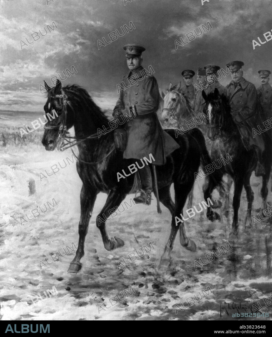 Pershing, on horseback, followed by others on horseback, all in uniform, 1919. John Joseph "Black Jack" Pershing (September 13, 1860 - July 15, 1948) was an American Army officer. His military career included involvement in the Indian Wars, Spanish-American War, Phillippine-American War, Russo-Japanese War, and the Pancho Villa Expedition. He is best remembered for leading the American Expeditionary Forces in WWI. He was responsible for the organization, training, and supply of a combined professional and draft Army and National Guard force that eventually grew from 27,000 inexperienced men to two Armies totaling over 2 million soldiers. In 1919, in recognition of his distinguished service, the Congress authorized the President to promote Pershing to General of the Armies of the US, the highest rank possible for any member of the US armed forces. For his memoirs, My Experiences in the World War, he was awarded the 1932 Pulitzer Prize for history. He died in 1948, at the age of 87, of coronary artery disease and congestive heart failure.
