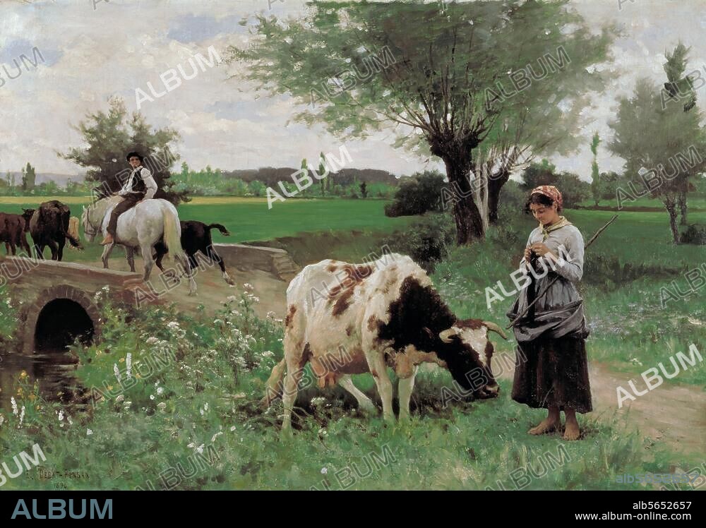 Agriculture / Cattle Breeding. "La vache bien gardee (A well guarded cow) ". Painting, 1890, by Edouard-Bernard Debat-Ponsan (1847-1913). 82 × 128cm. Pau, Musée des Beaux-Arts.