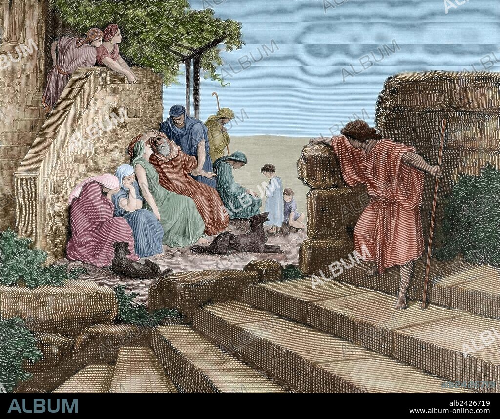 PAUL GUSTAVE DORÉ. New Testament. Parable of the Prodigal Son. The prodigal son in the arms of his father. Gospel of Luke. Chapter 15. Verses 11 to 32. Engraving by Pannemarker. Gustave Dore's drawing. Colored.