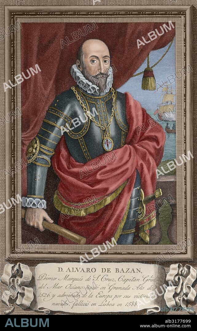 BAZAN, Alvaro de (primer Marqués de Santa Cruz) (Granada 1526-Lisboa,1588). Marino español. En 1556 fue nombrado capitán general de las Galeras de Nápoles y poco después Felipe II le concedió el título de Marqués. Dirigió la toma de Túnez. En Lepanto mandó las naves de reserva. Fue nombrado jefe de la "Armada Invencible" en 1588. Grabado coloreado.
