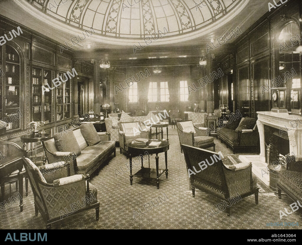 Cunard Line promotional brochure for "Mauretania" circa 1930. The library and writing room.